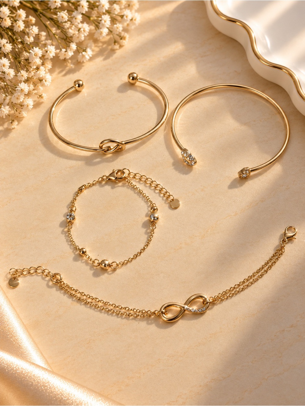 Gold Infinity Bracelet and Bangle Set - Women Jewelry